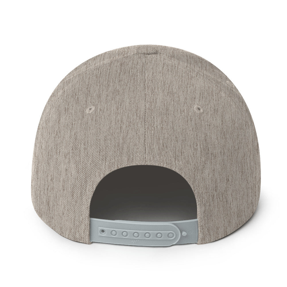 Back view of FAITH OVER FEAR – Embroidered Snapback Hat in heather grey showing adjustable plastic closure and fabric texture