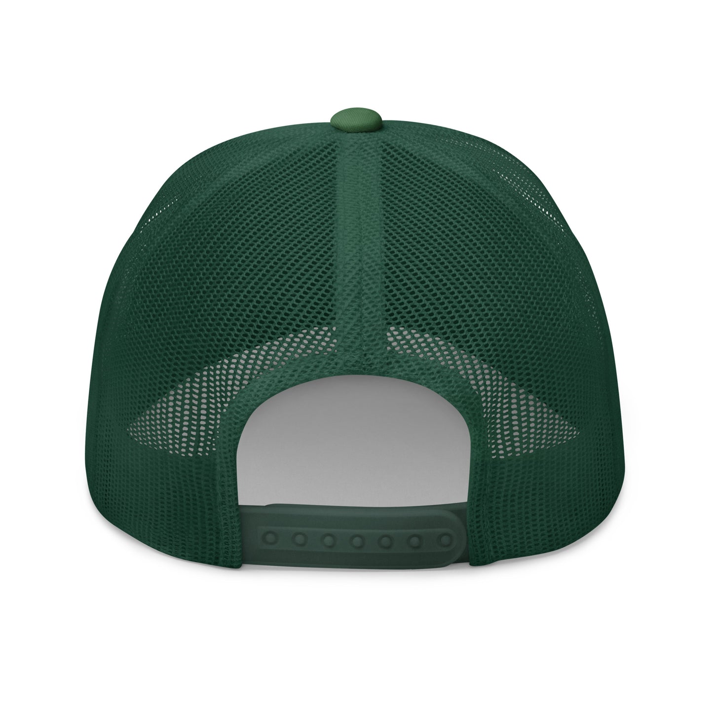 Back view of green mesh Christian GOD IS GOOD Trucker Hat with snapback closure and structured crown