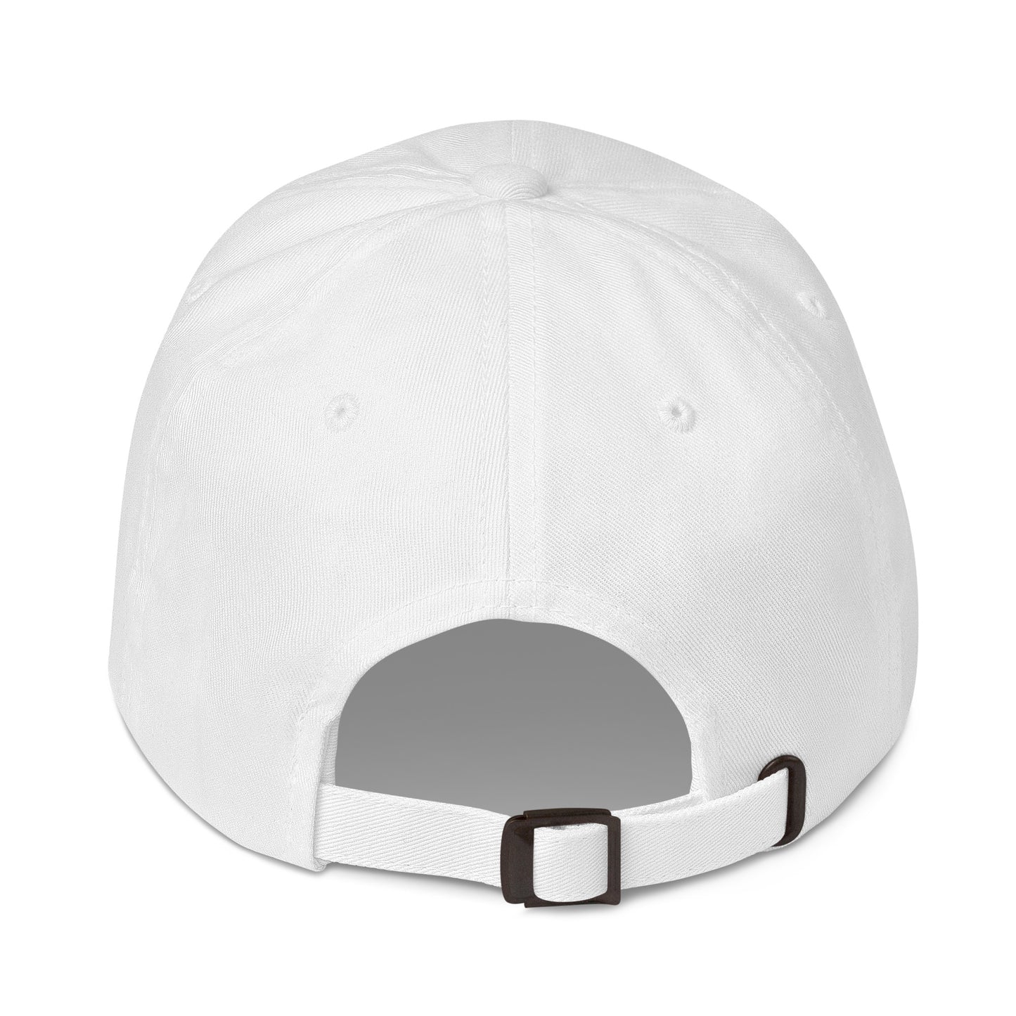 Back of white Christian COVERED Dad Hat displaying adjustable hat clasp