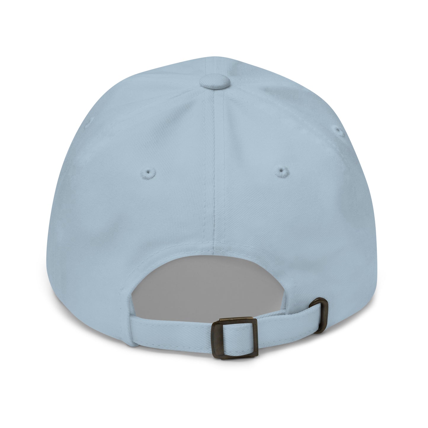 Back view of light blue Christian KNOWN Dad Hat showing adjustable strap and antique buckle