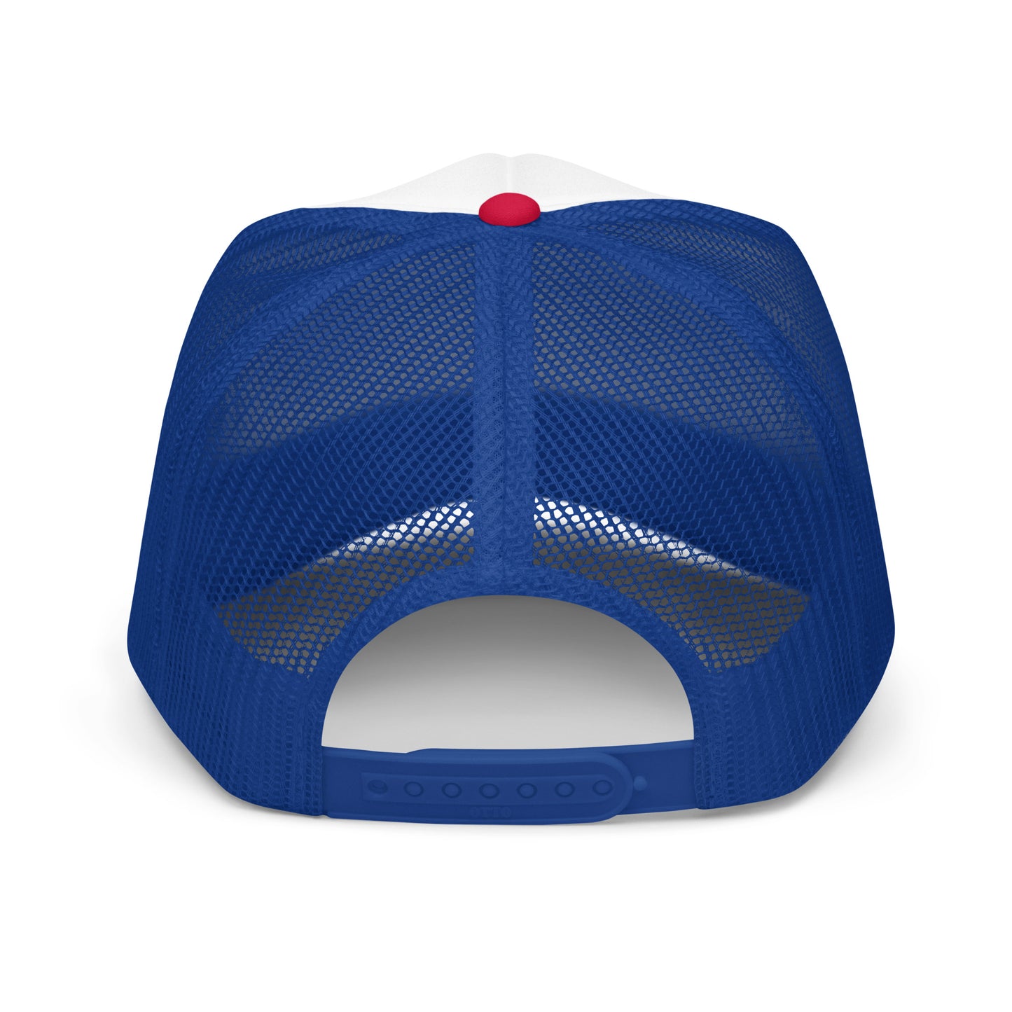 Back view of blue mesh Christian Y’ALL NEED JESUS trucker hat with adjustable snap closure
