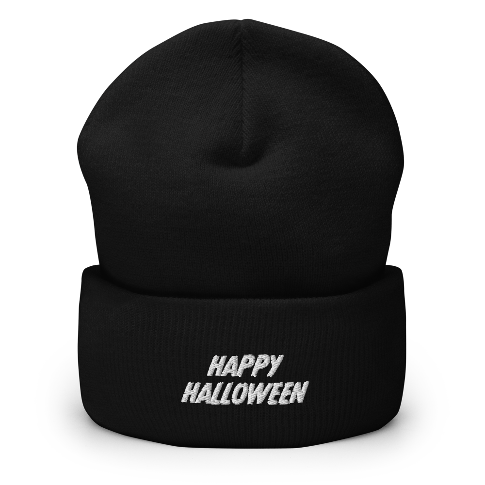 Happy Halloween Script Beanie - Black Front