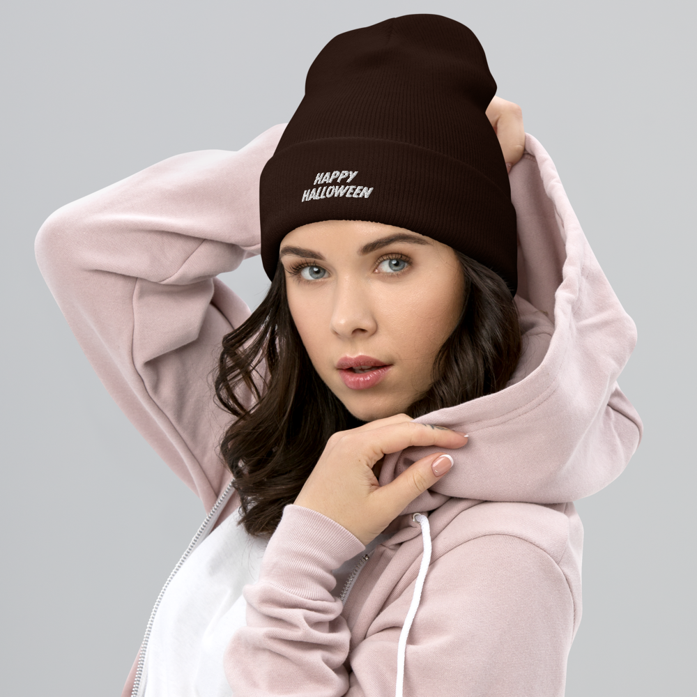 Woman wearing Happy Halloween Script Beanie - Brown Front