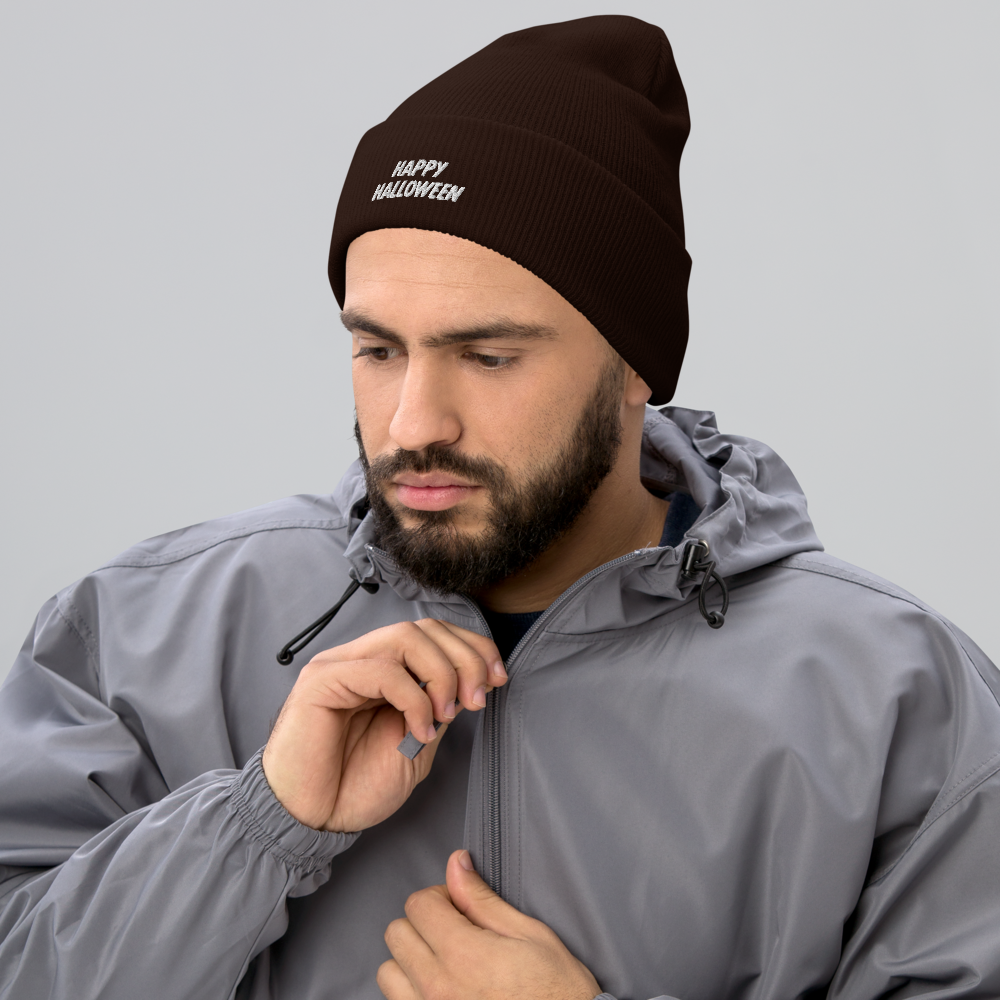 Man wearing Happy Halloween Script Beanie - Front Brown