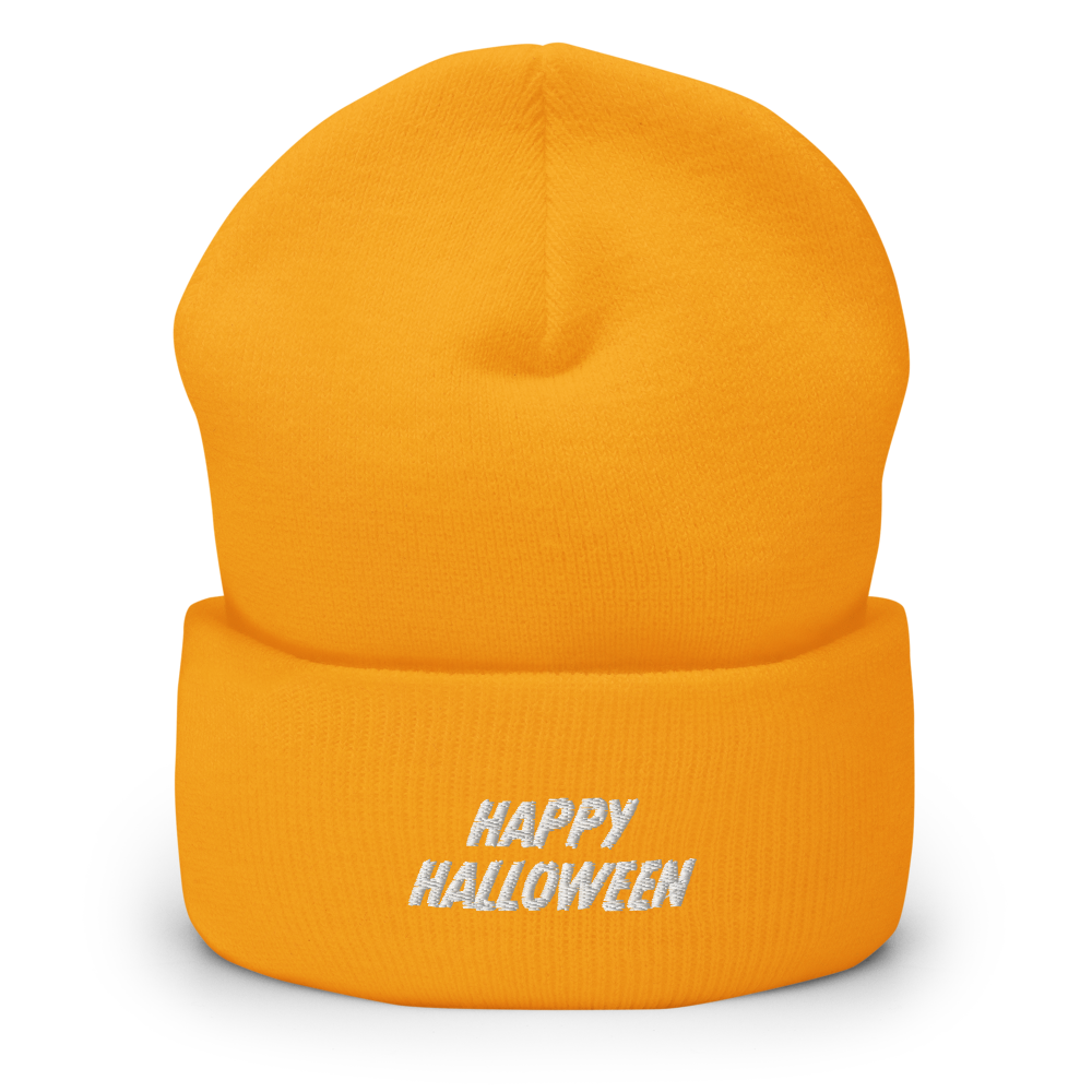 Happy Halloween Script Beanie - Gold Front