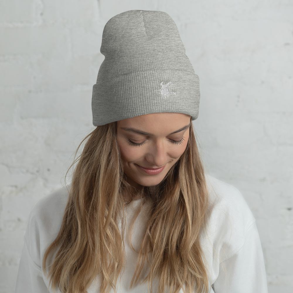 Woman wearing Witch & Broom Icon Beanie - Souvenir Shop - Grey Front