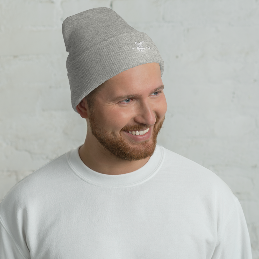 Man wearing Witch & Broom Icon Beanie - Souvenir Shop - Grey Front