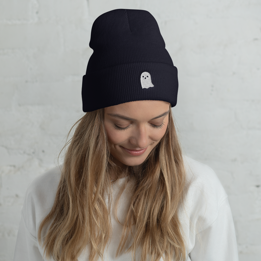 Woman wearing Cute Ghost Icon Beanie - Souvenir Shop- Navy Front