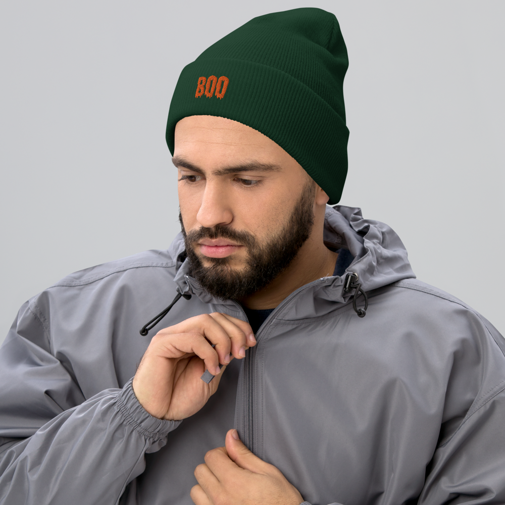 Man wearing BOO Script Beanie - Souvenir Shope - Green Front