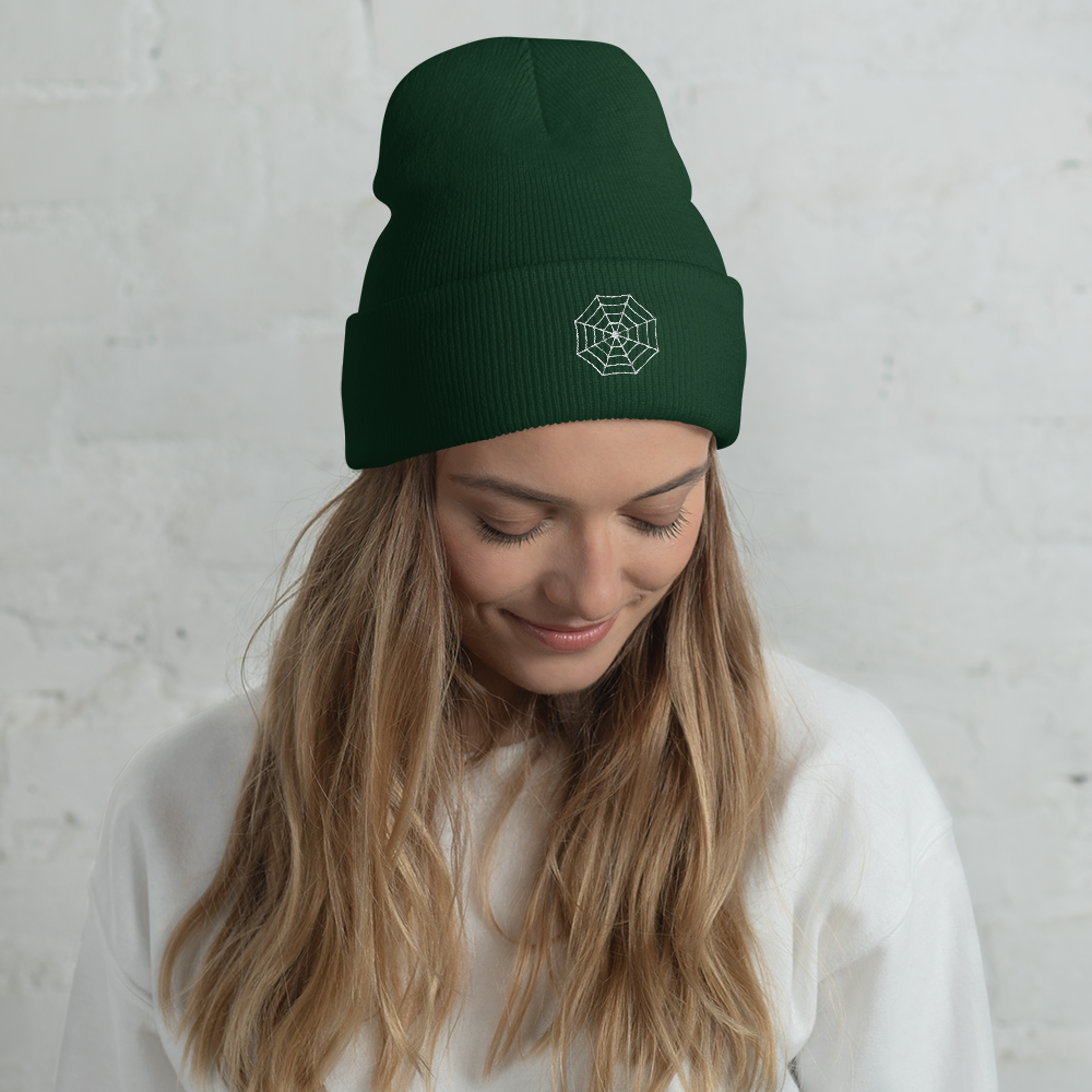 Woman wearingSpider Web Icon Beanie - Souvenir Shop - Green Front