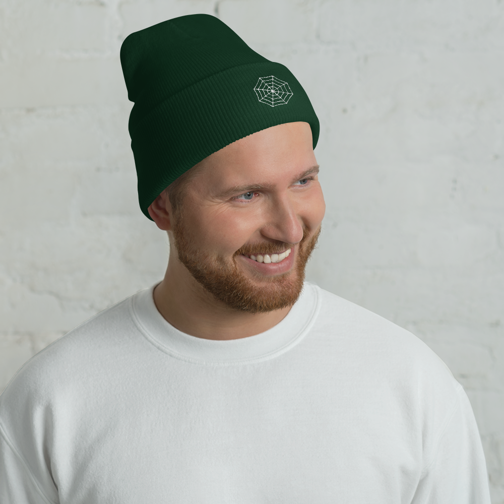 Man wearing Spider Web Icon Beanie - Souvenir Shop - Green Front