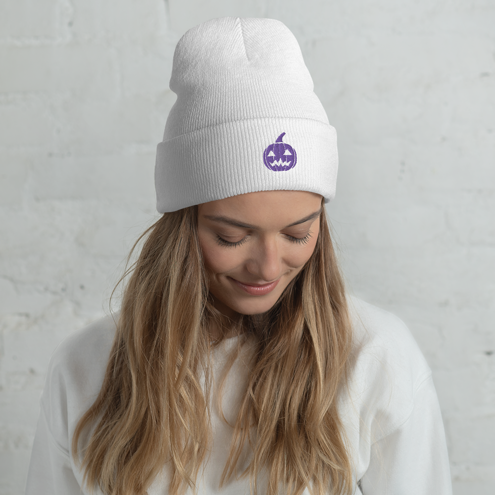 Woman wearing Retro Pumpkin Icon Beanie - Souvenir Shop- White Front