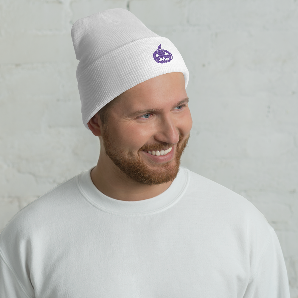 Man wearing Retro Pumpkin Icon Beanie - Souvenir Shop - White Front