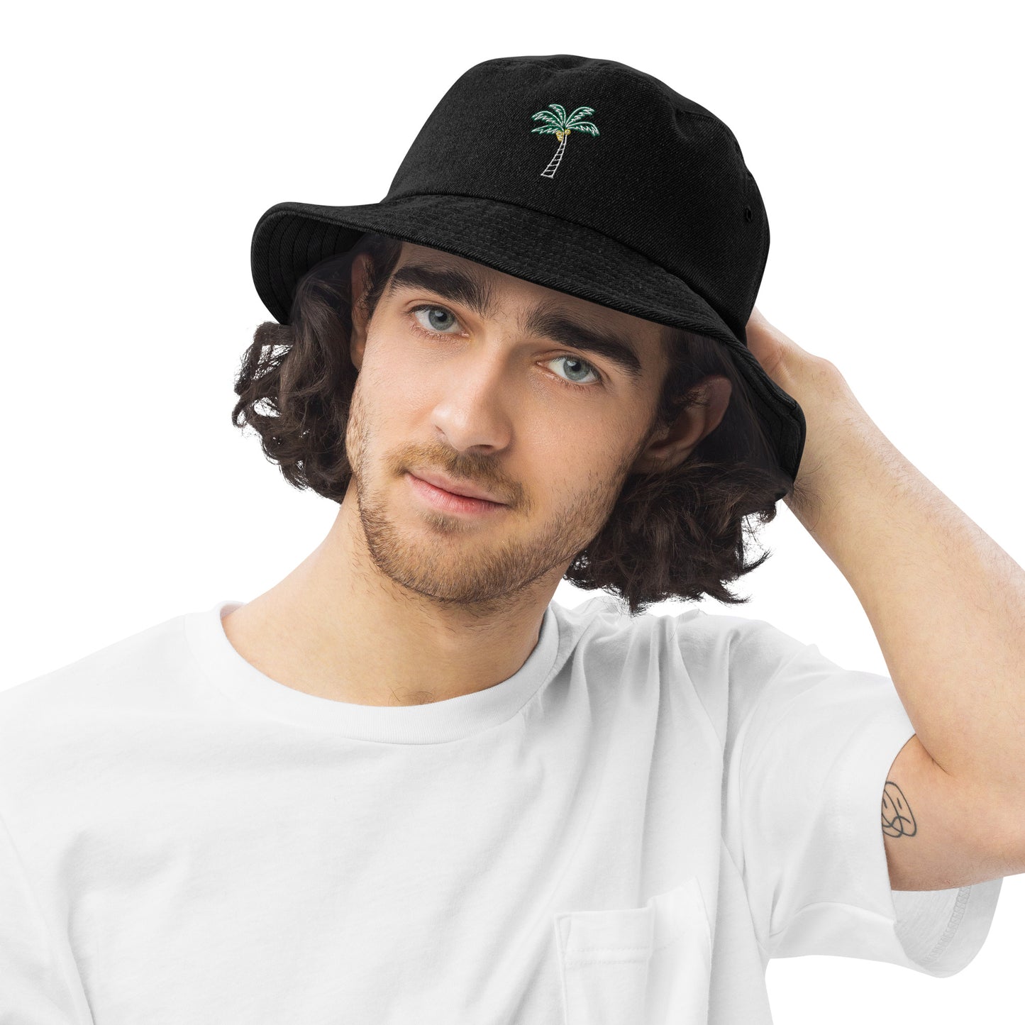 Man wearing Palm Tree Denim Bucket Hat - Black