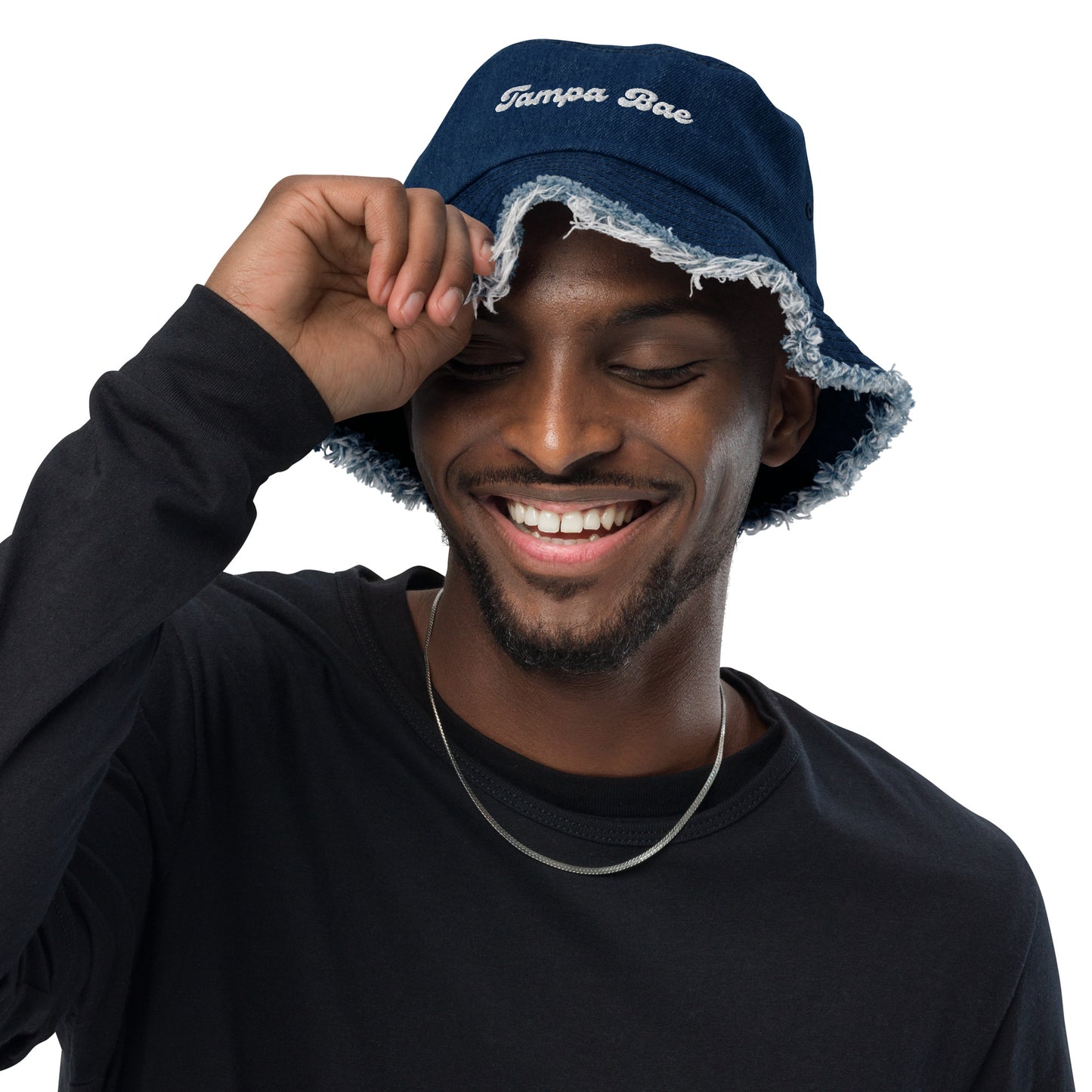 Man wearing Tampa Bae Distressed Denim Bucket Hat - Denim