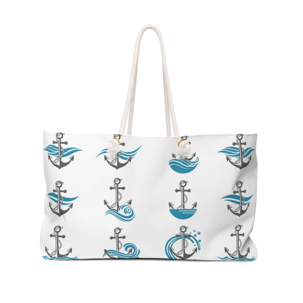 Oversized Weekender beach tote with navy anchor design and rope handles, shown upright.