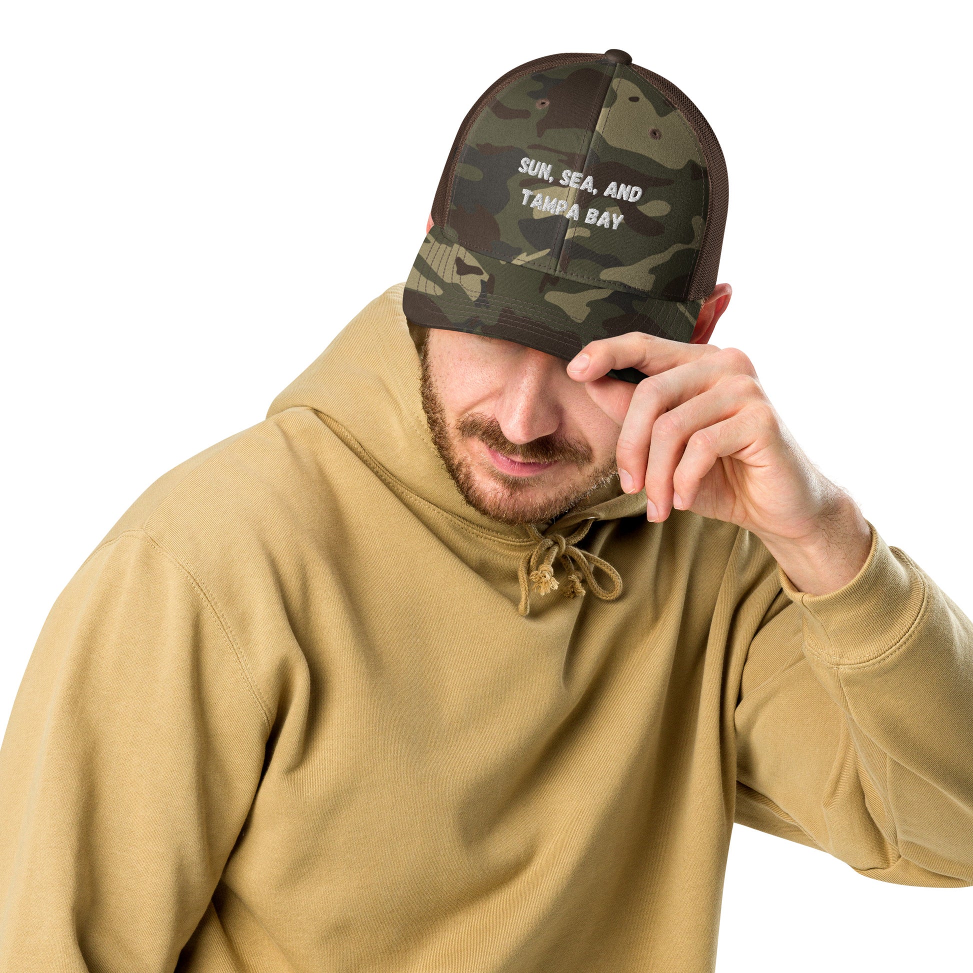 Man Wearing Sun, Sea, and Tampa Bay Trucker Hat - Camo Front