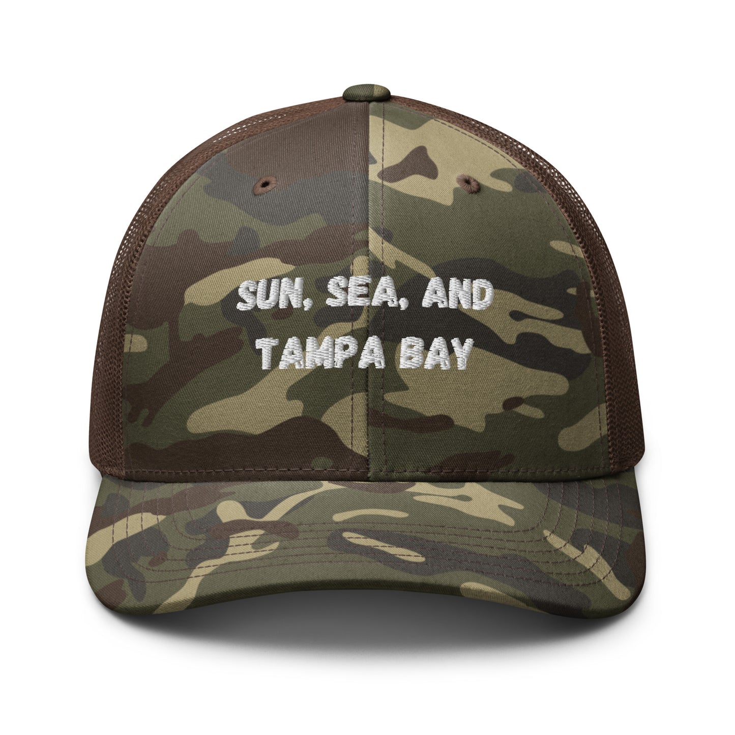Sun, Sea, and Tampa Bay Trucker Hat - Camo Front