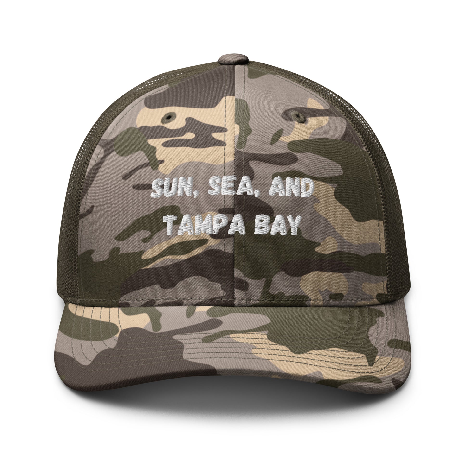 Sun, Sea, and Tampa Bay Trucker Hat - Camo Front