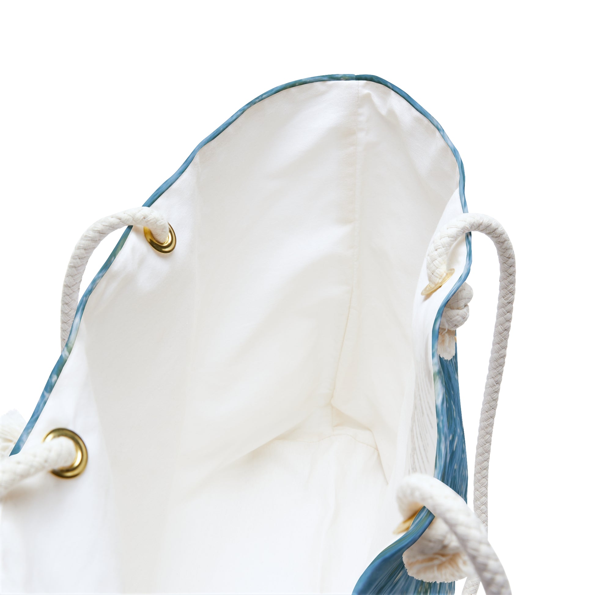 Close-up of Dalmatian beach bag’s cream rope handles and thick fabric texture.