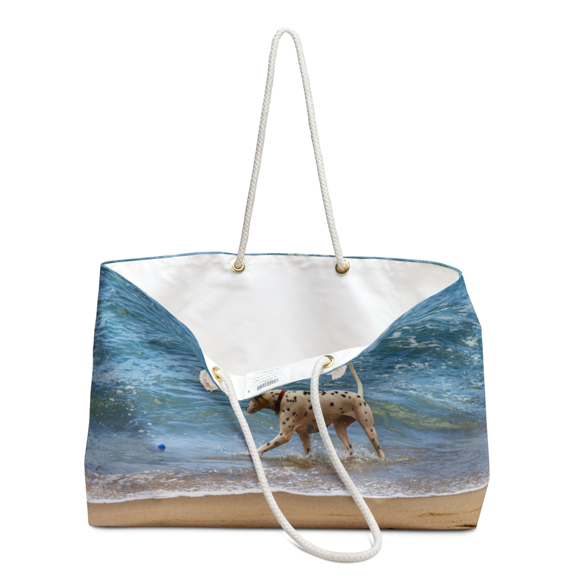 Side view of Dalmatian beach tote showcasing durable rope handles and roomy design.