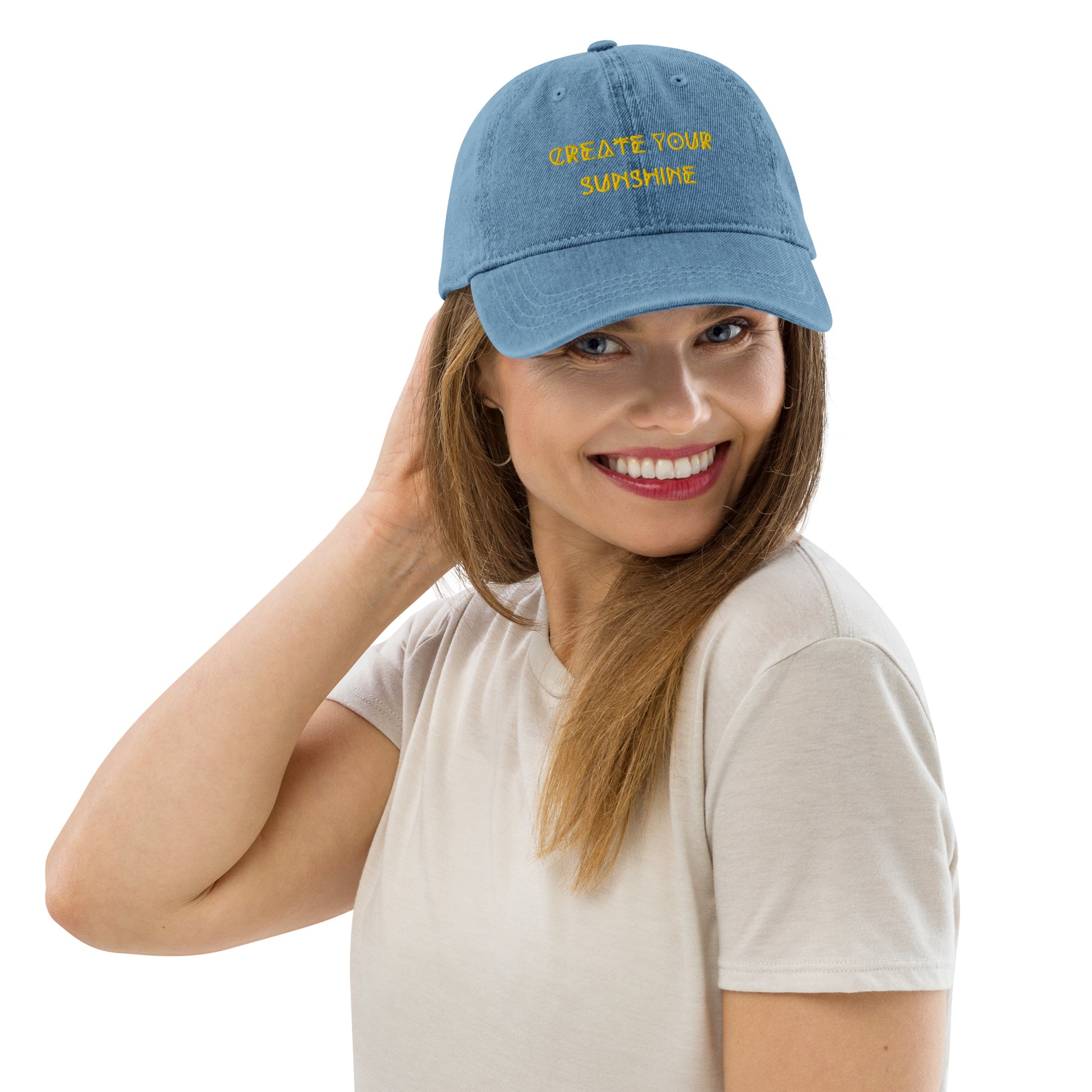 Woman Wearing Denim Create Your Sunshine Hat - Light Blue Front