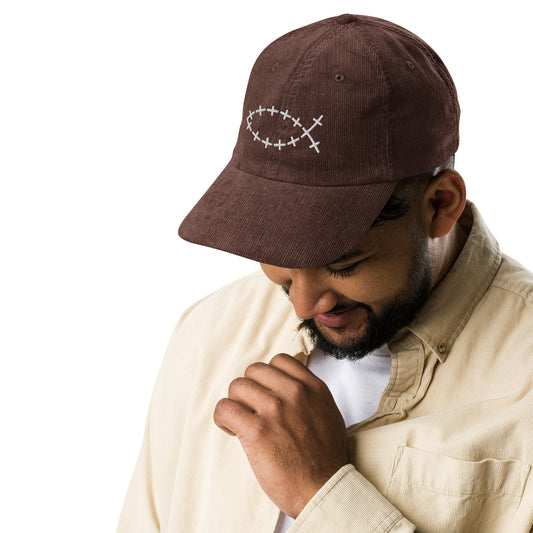 Man wearing brown Christian ICHTHYS Vintage Corduroy Hat with Ichthys fish cross embroidery
