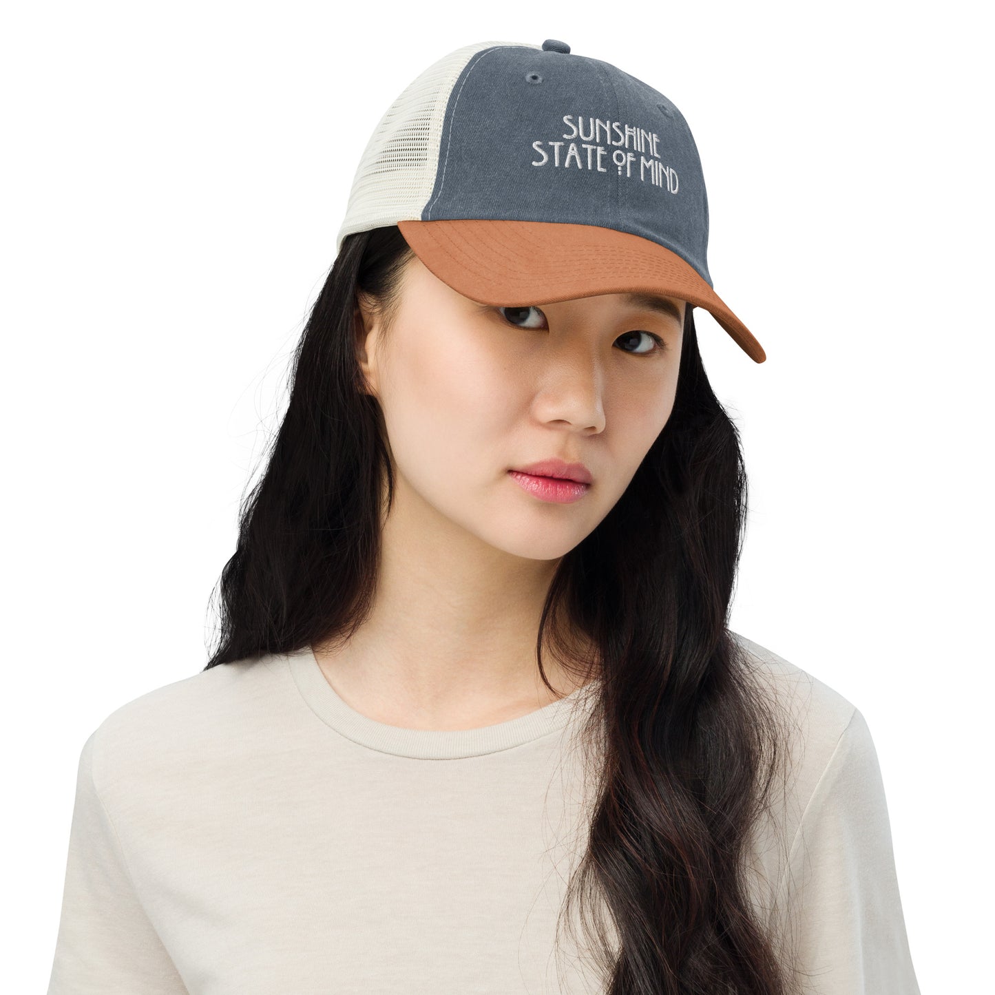 Woman Wearing Sunshine State of Mind Hat - Orange Back
