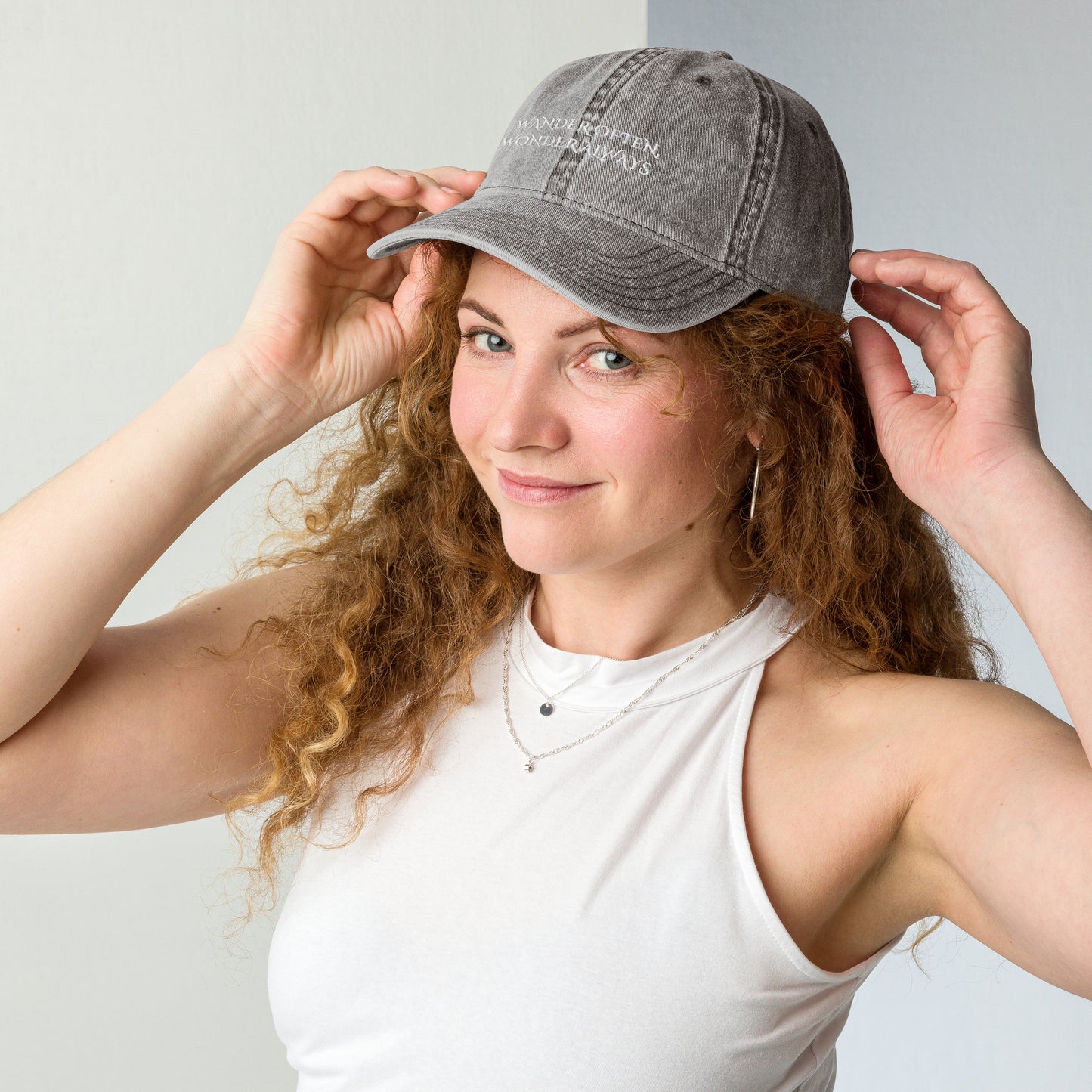 Woman Wearing Denim Wander Often Hat - Light Grey Front