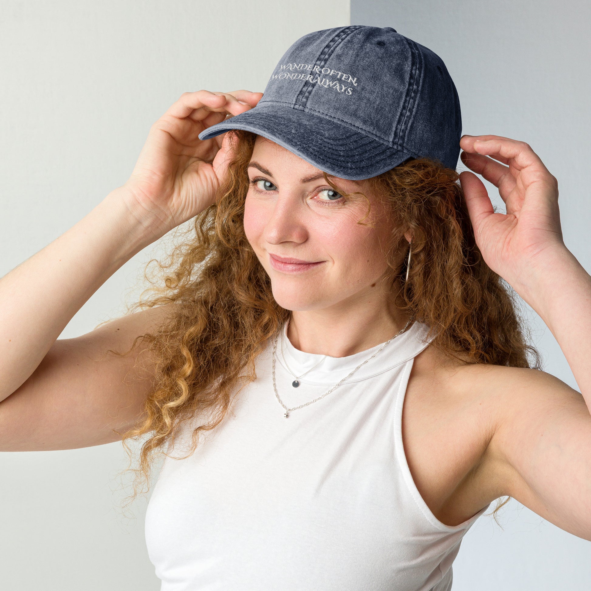 Woman Wearing Denim Wander Often Hat - Denim Blue Front