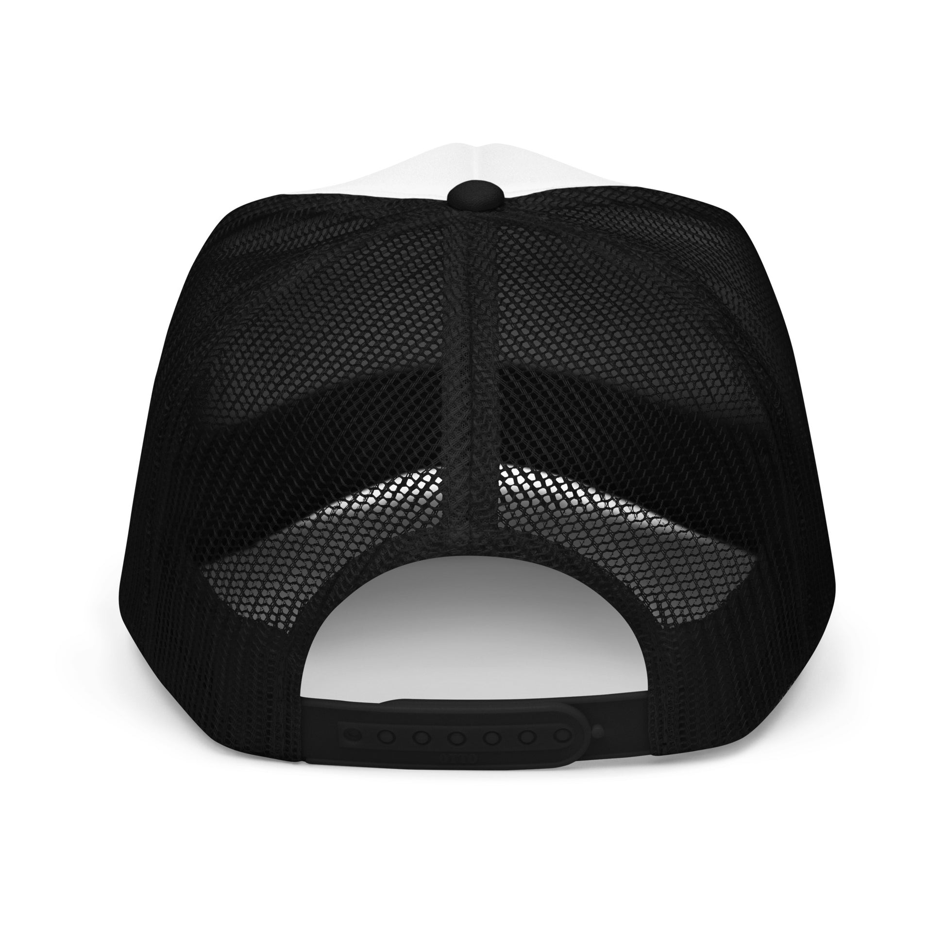Rear view of black Christian YOU ARE SO LOVED Trucker Hat showing mesh back and plastic snap closure