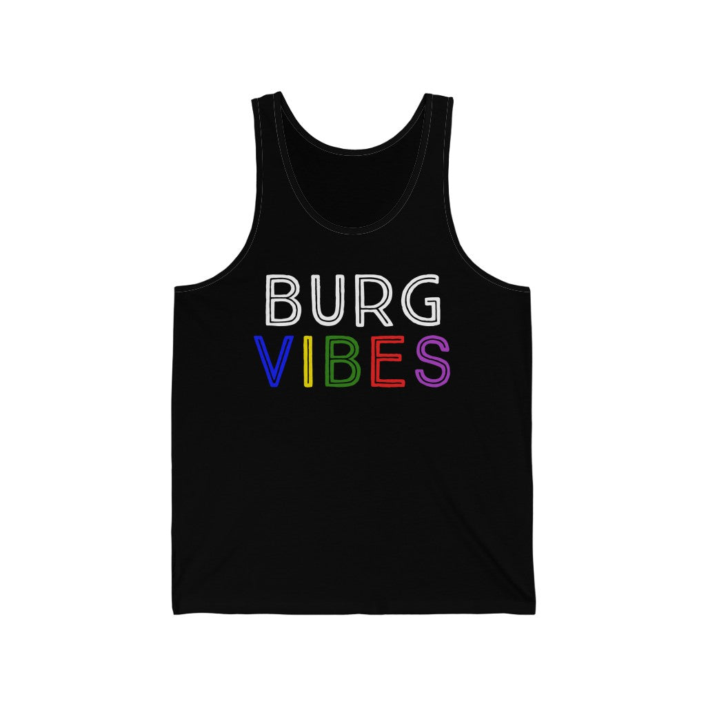 Black tank top with colorful “Burg Vibers” retro graphic, laid flat.