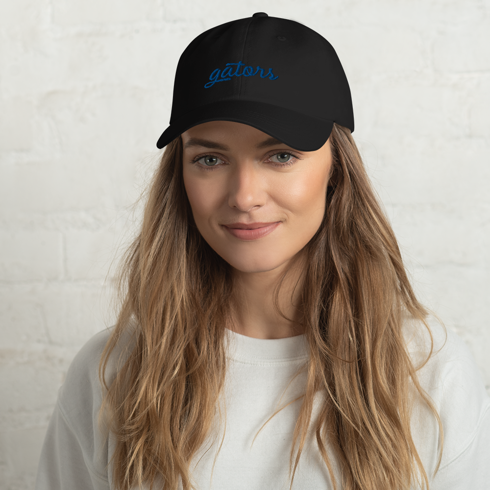 Woman wearing Gators Script Sports Hat - Black Front
