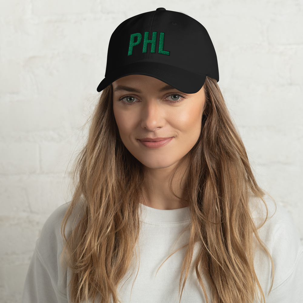 Woman wearing PHL Script Sports Hat - Black Front