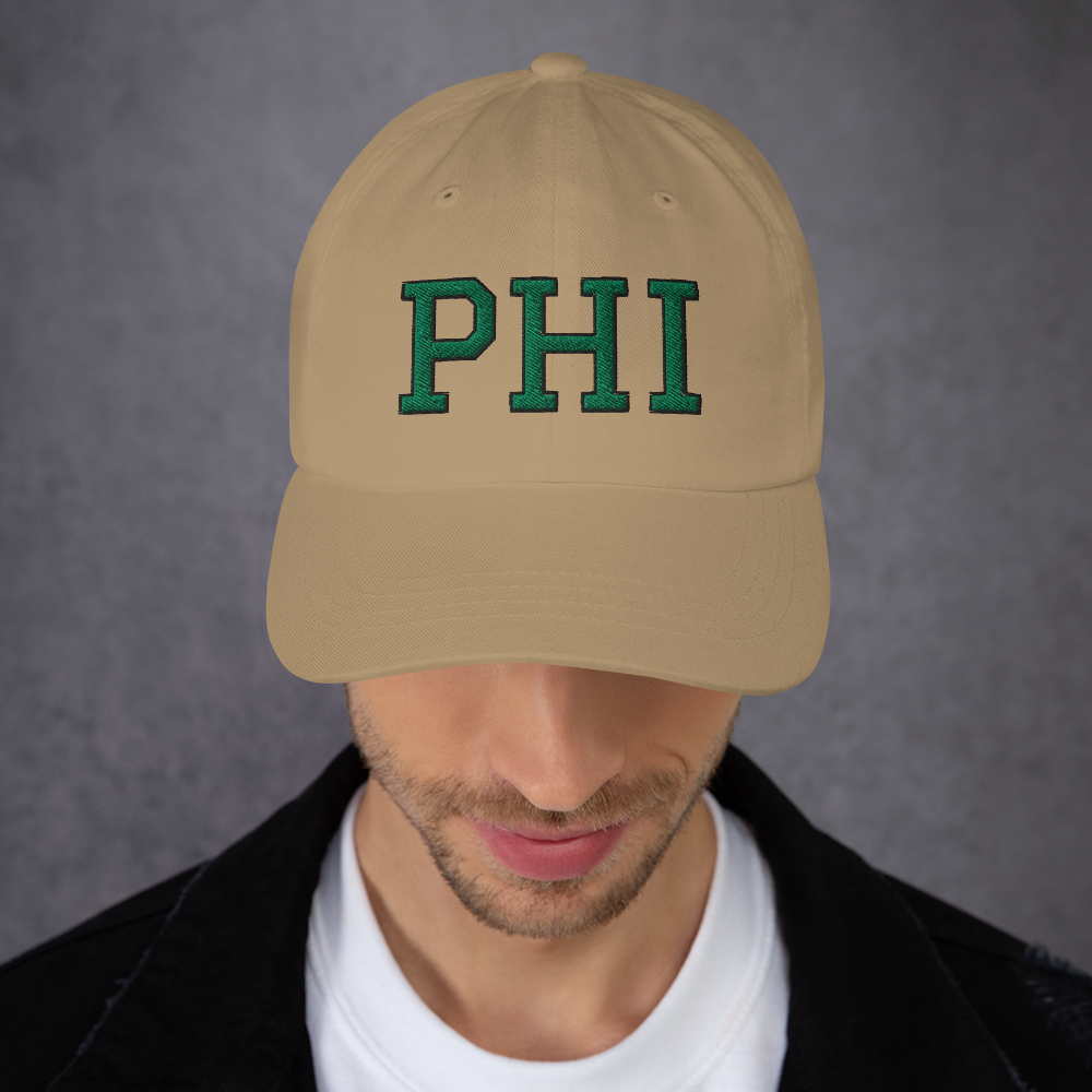 Man wearing Philly Script Sports Hat - Khaki Front