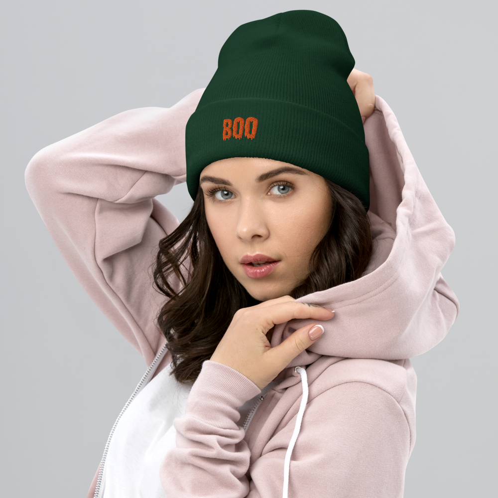 Woman wearing BOO Script Beanie - Souvenir Shop - Green Front