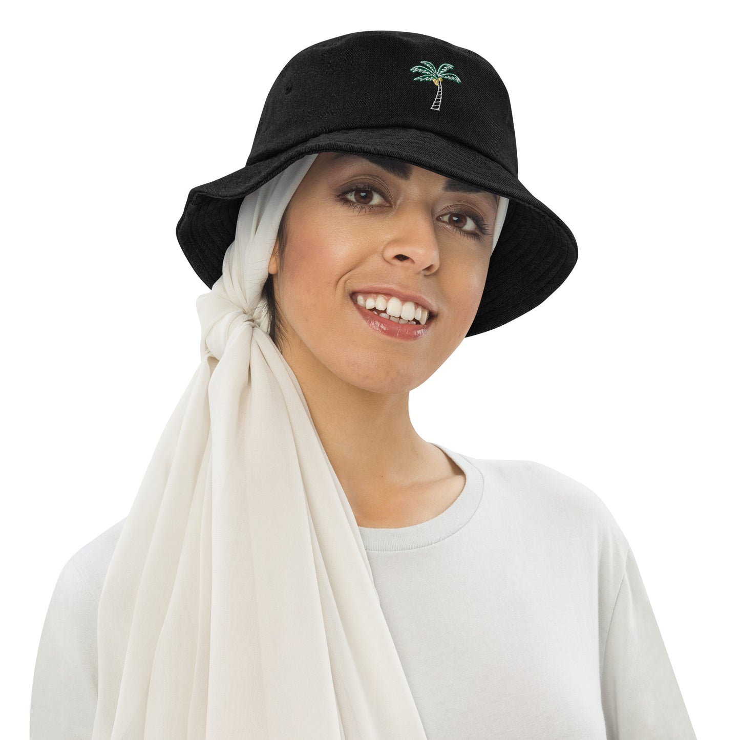 Woman wearing Palm Tree Denim Bucket Hat - Black