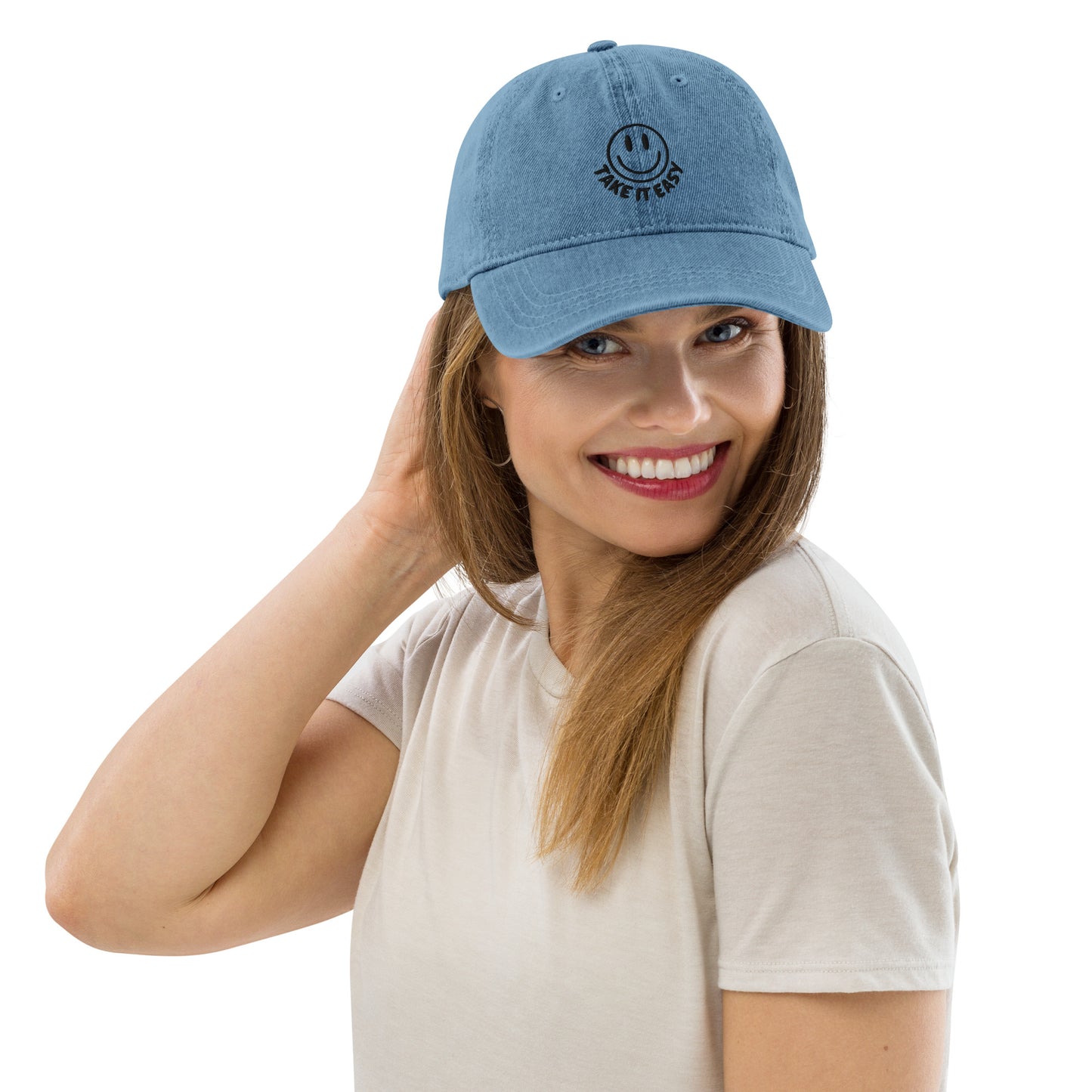 Woman wearing Light Denim Smiley Hat - Front