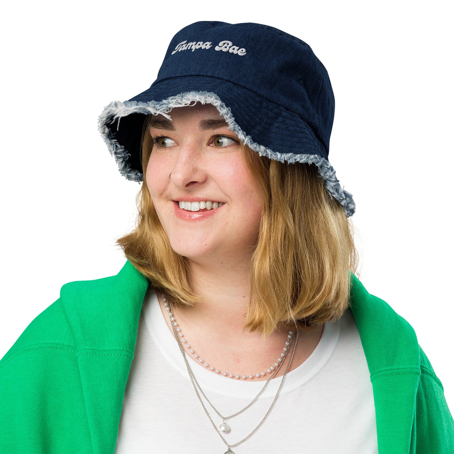 Woman wearing Tampa Bae Distressed Denim Bucket Hat - Denim
