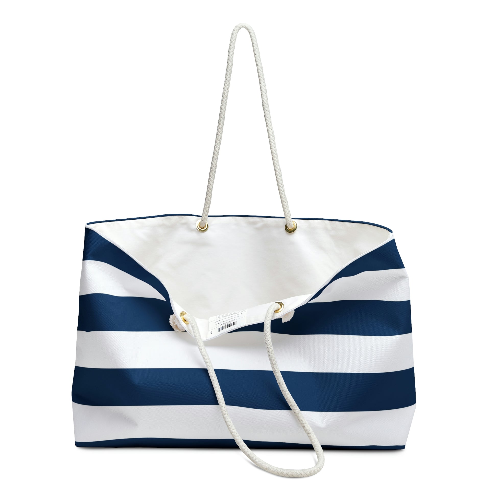 Close-up of rope handle detail on the Navy & White striped beach bag with soft polyester fabric.
