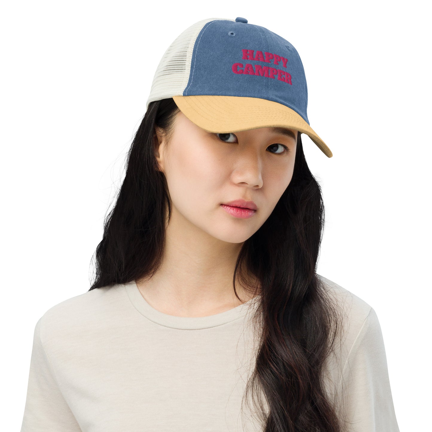 Woman wearing Happy Camper Mesh Hat - Navy 