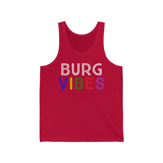 Red tank top with colorful “Burg Vibes” retro graphic, laid flat.