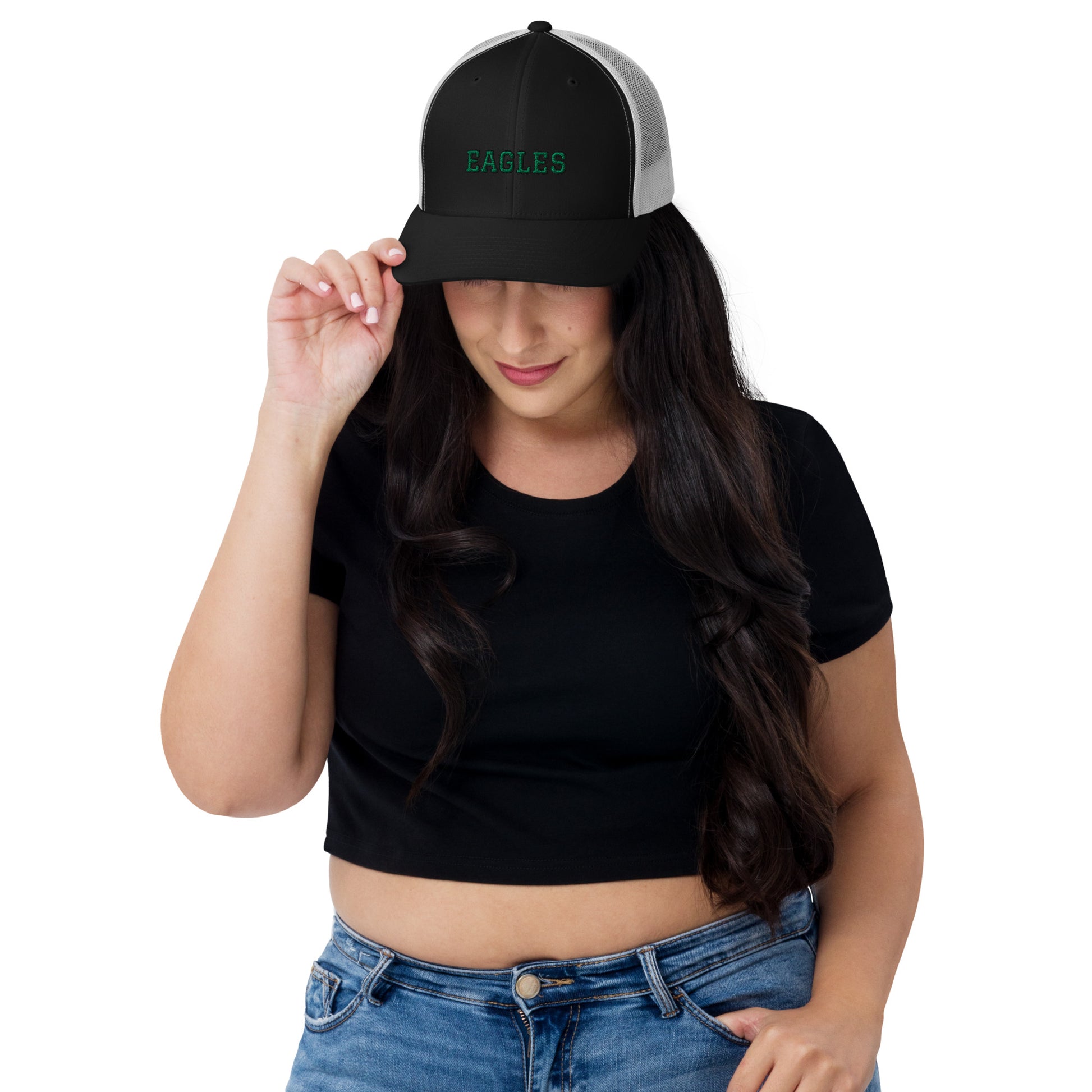 Woman wearing Eagles Trucker Hat - Black 