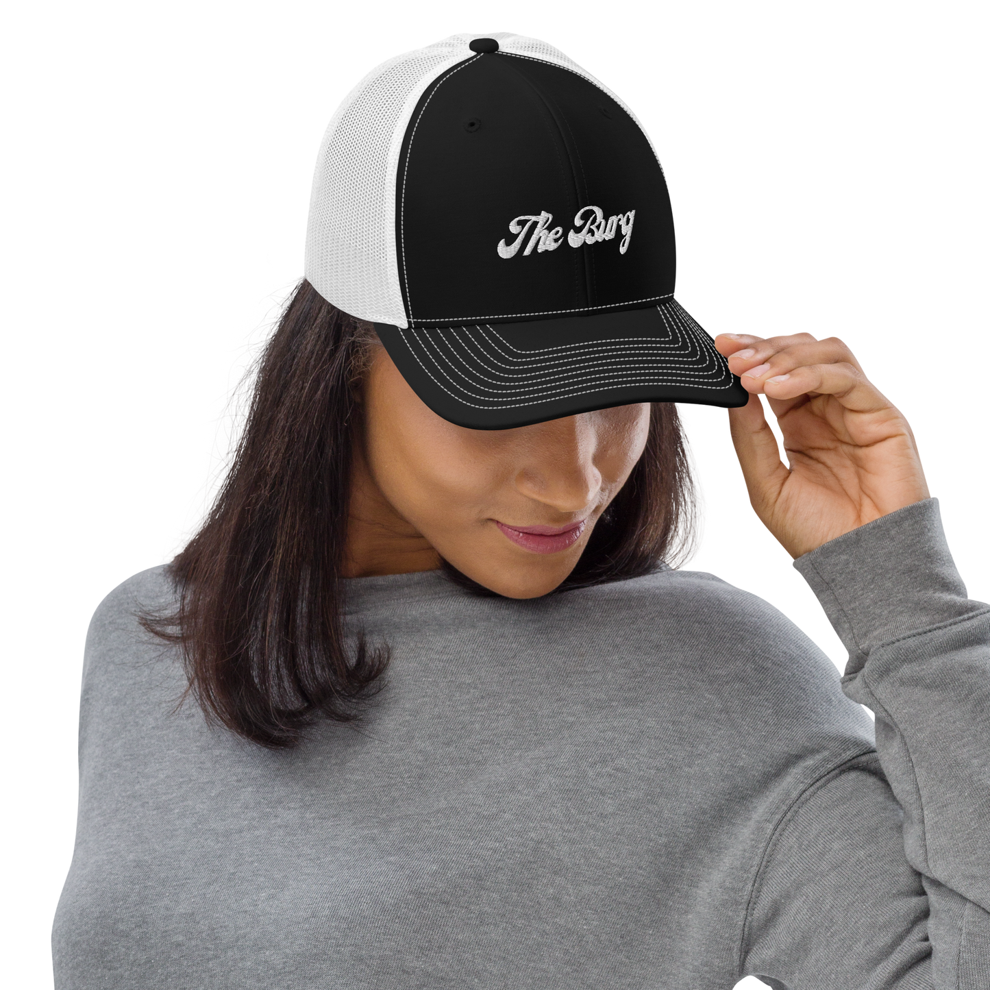 The Burg Trucker Hat - Woman Wearing The Burg Trucker Hat - Black and White Frotn
