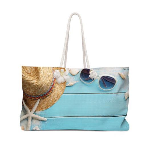 Oversized Sunglasses beach bag with colorful eyewear pattern and rope handles, displayed upright.